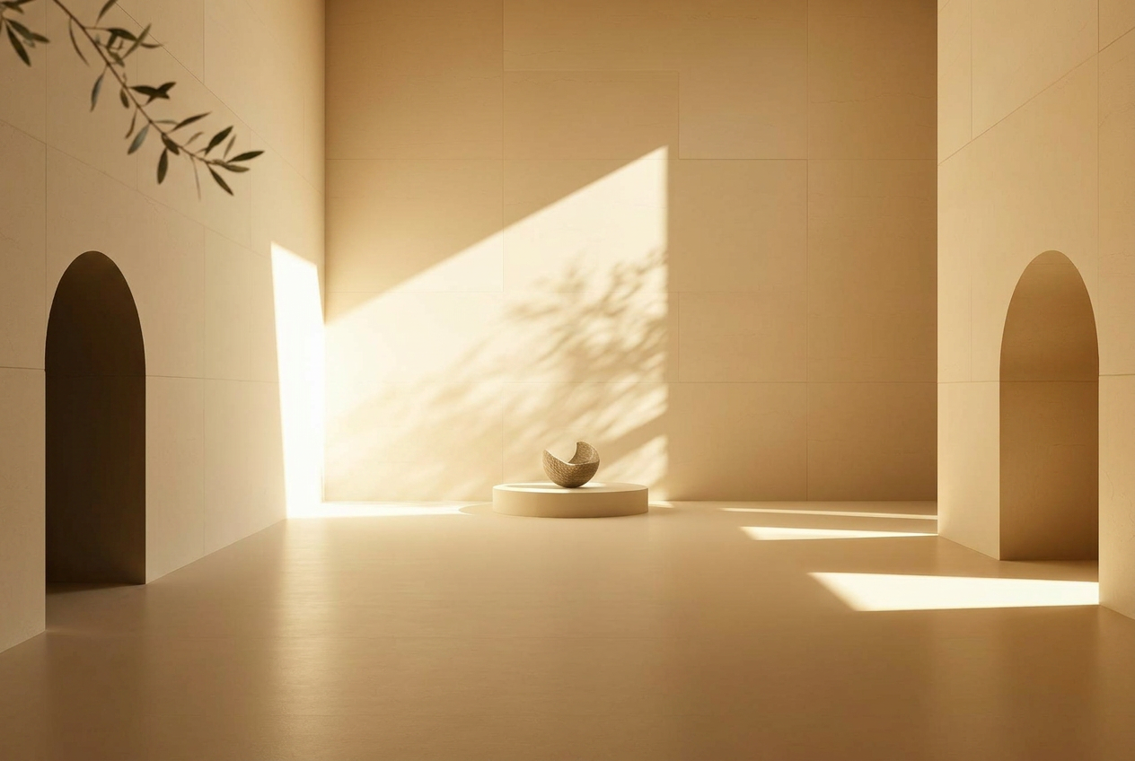 Interior minimalista em pedra calcária banhado de luz — arquitetura sensorial